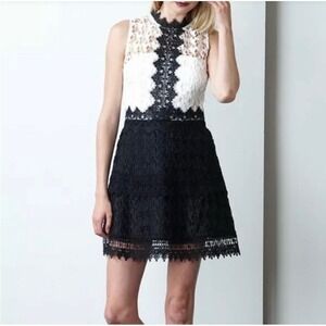 Adelyn Rae Black White Floral Lace Tiered Mini Dress Sleeveless Mock Neck XS